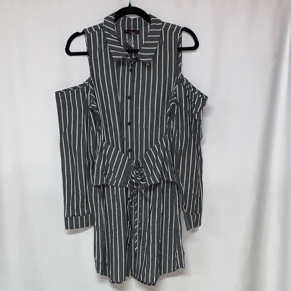Gray and White Striped Cold Shoulder Dress